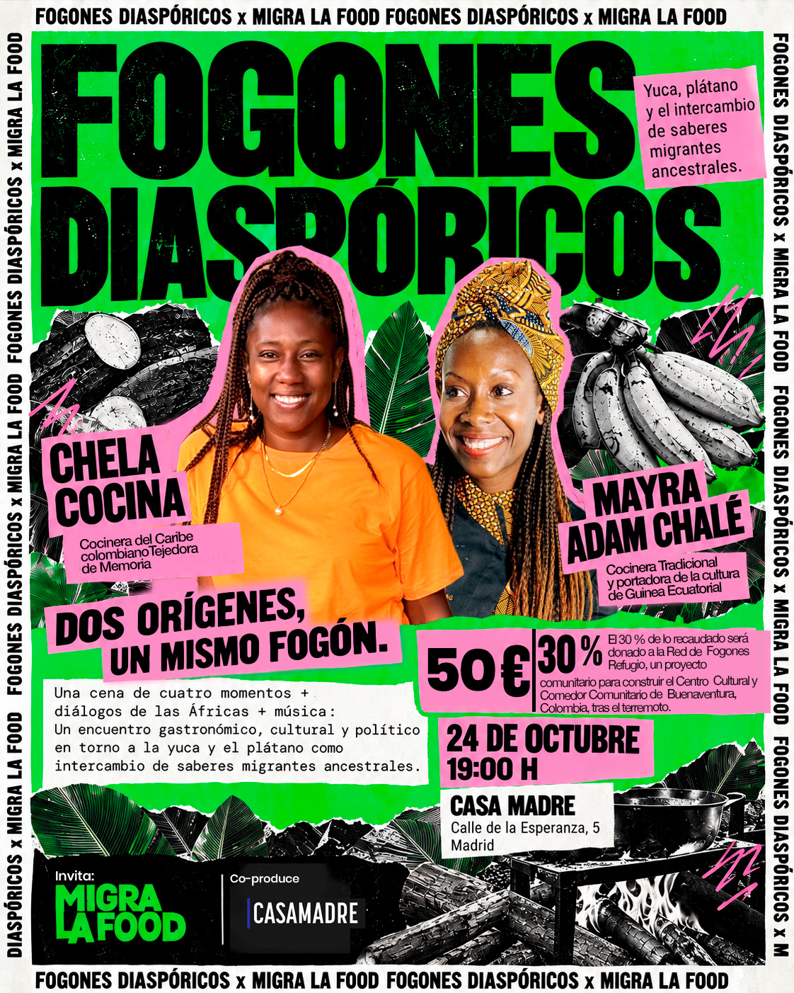 Cartel de Fogones Diaspóricos con Chela Cocina y Mayra Adam Chale: Dos orígenes, un mismo fogón.